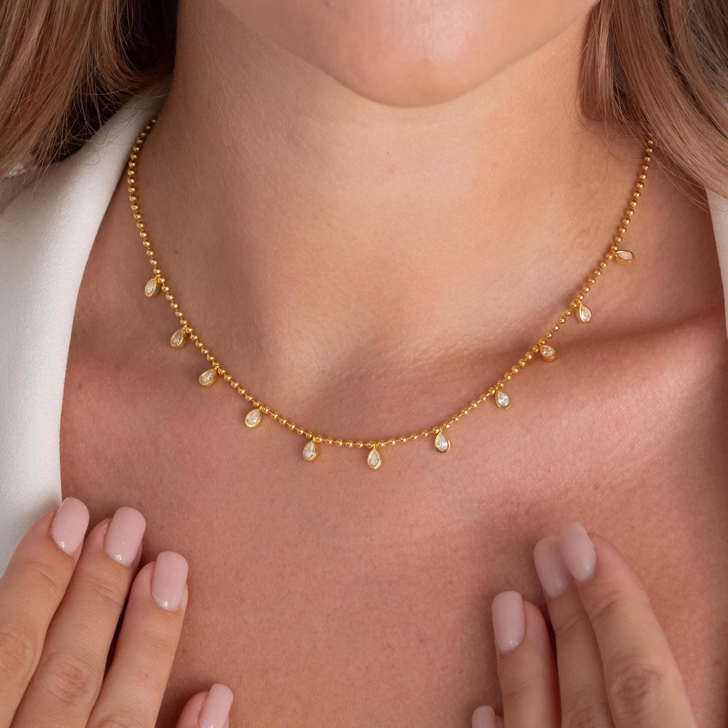 Diamond Ball Chain Station Necklace / 14k Gold Pear Diamond Station Necklace / Dainty Diamond Necklace / Bead Chain Layering Necklace
