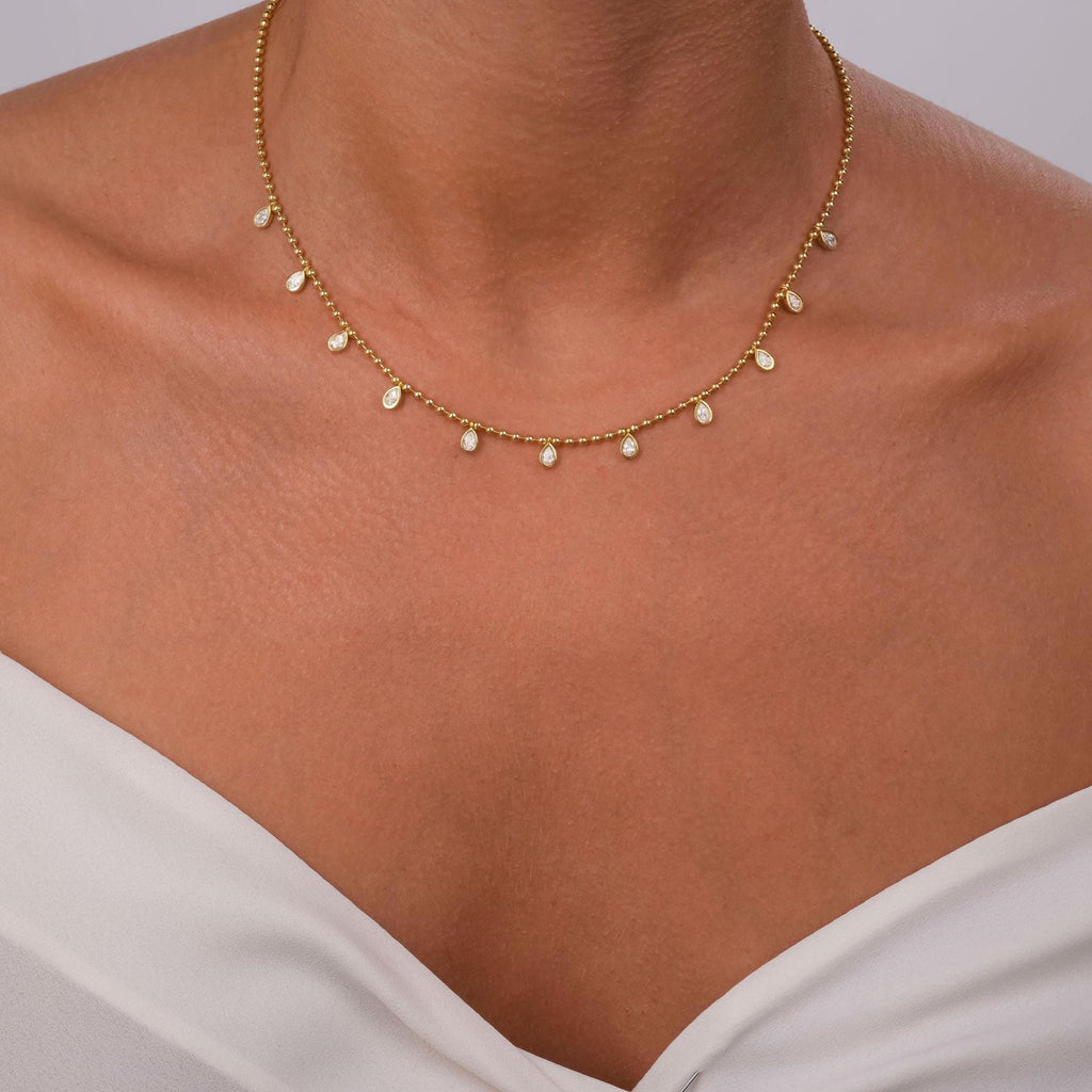 Diamond Ball Chain Station Necklace / 14k Gold Pear Diamond Station Necklace / Dainty Diamond Necklace / Bead Chain Layering Necklace