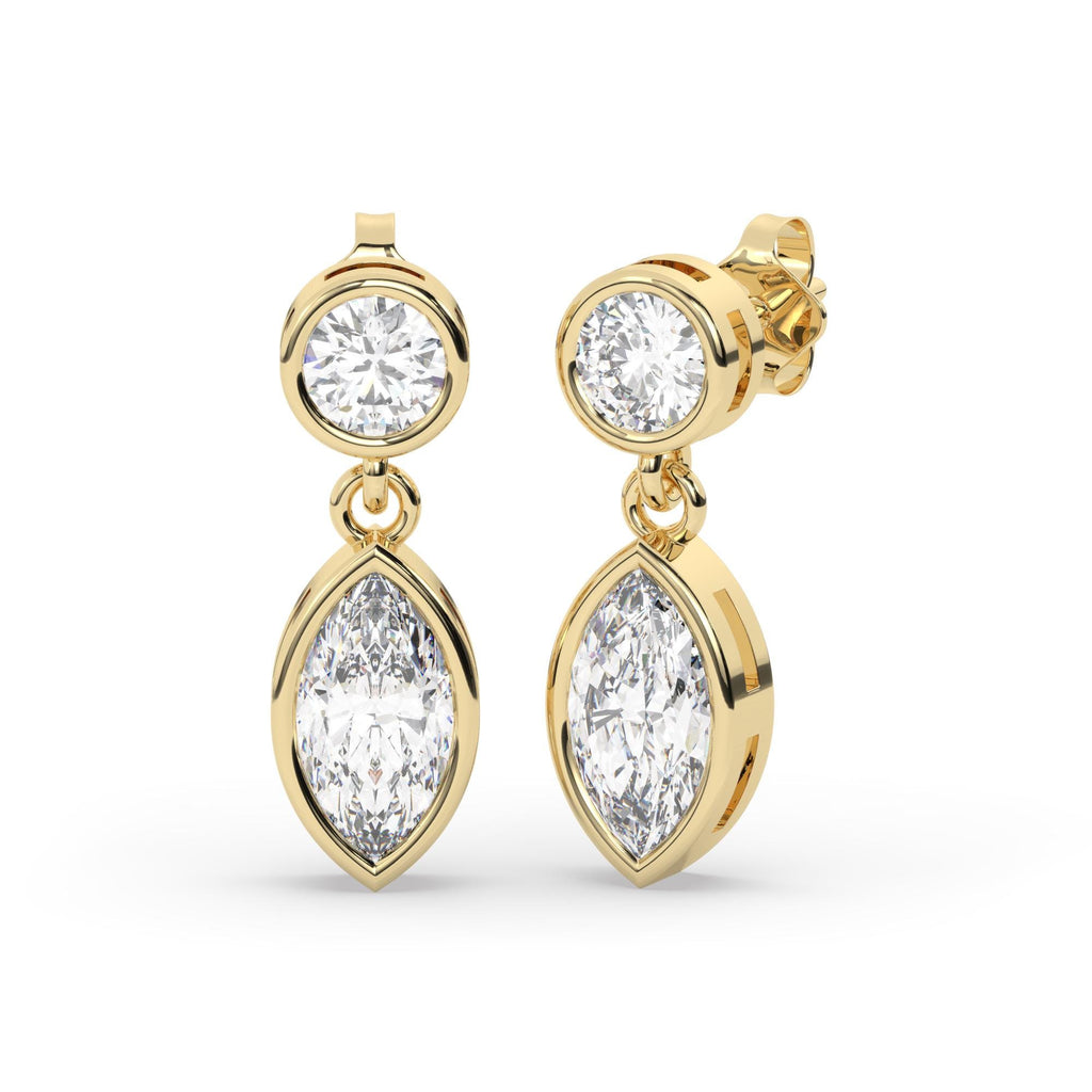 Round and Marquise Cut Bezel Set Diamond Dangling Earrings / 14k Gold Diamond Earrings / IGI Certified Lab Diamond Earrings