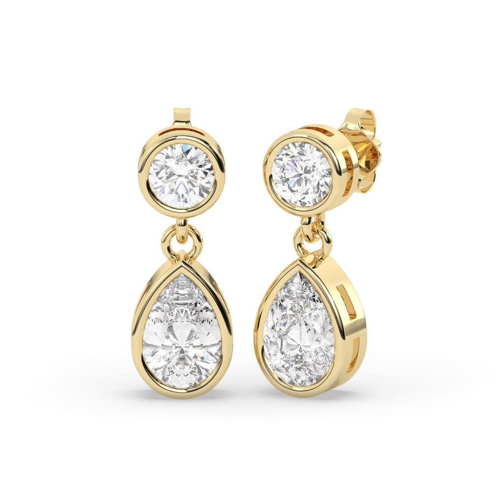 Round and Pear Shape Bezel Set Diamond Dangling Earrings / 14k Gold Diamond Earrings / IGI Certified Lab Diamond Earrings