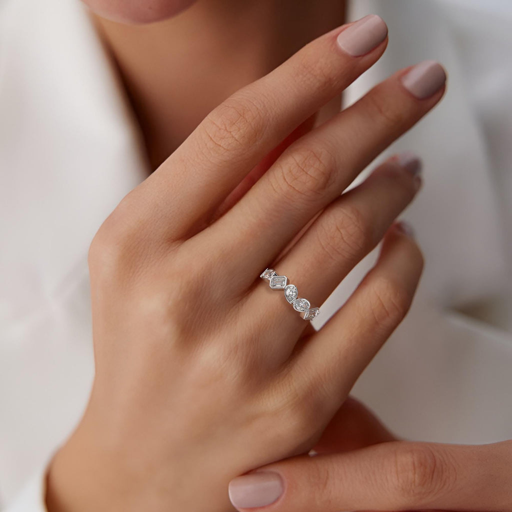 2.6 CT Diamond Eternity Ring / Alternating Bezel Set Emerald, Oval, Pear Shape Diamond Wedding Band / Natural & Lab Diamond options