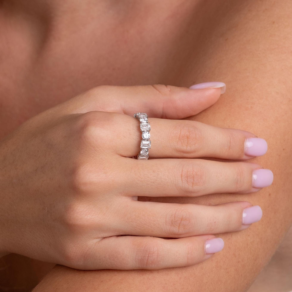 Emerald and Round Cut Diamond Full Eternity Wedding Band / 2.8 CTS Ct Prong Set Emerald Cut Eternity Ring / Diamond Wedding Ring