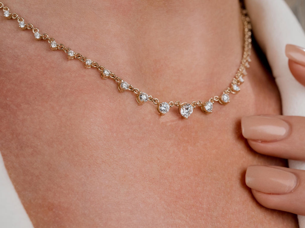 2 CT Graduated Diamond Station Necklace / 3 Prong Halfway Segment Necklace / Natural N