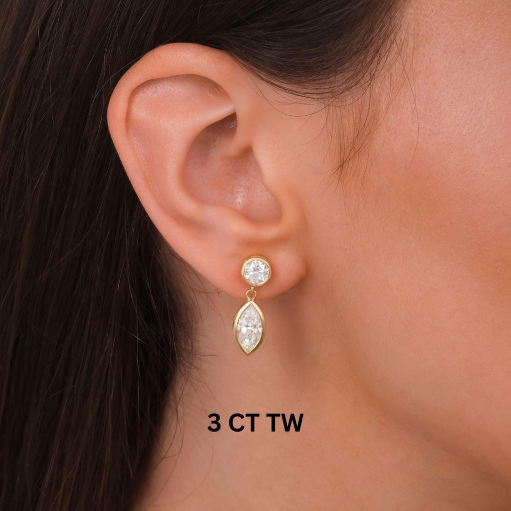 Round and Marquise Cut Bezel Set Diamond Dangling Earrings / 14k Gold Diamond Earrings / IGI Certified Lab Diamond Earrings