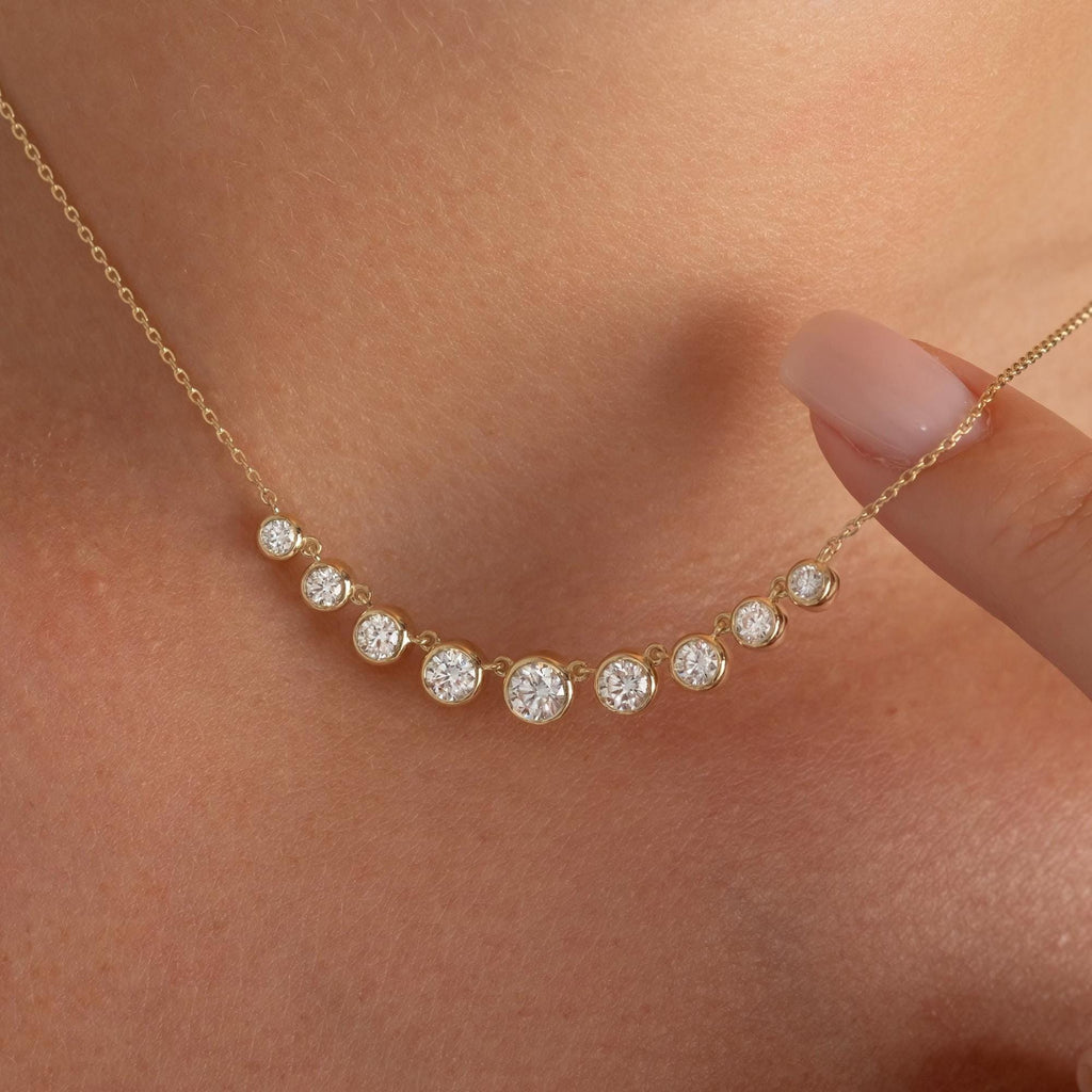 1.3 CT Diamond Station Necklace: 14k Gold Bezel Set Layering Necklace