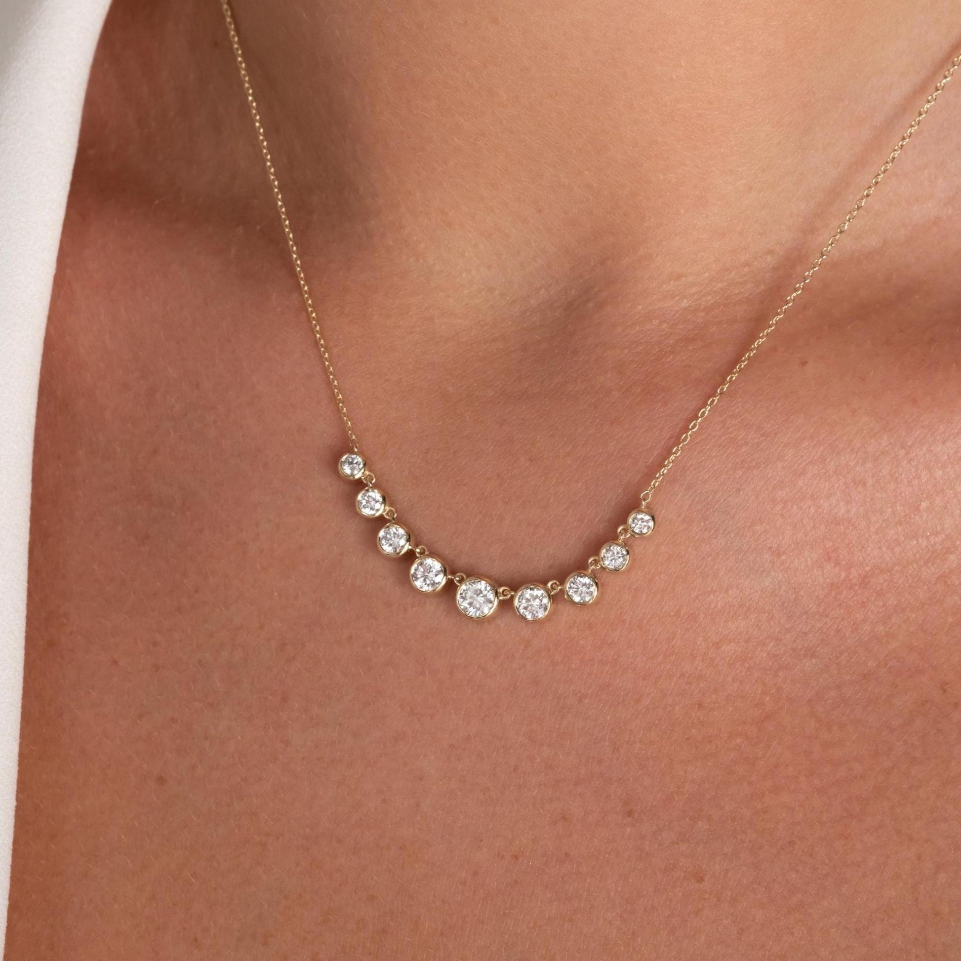 1.3 CT Diamond Station Necklace: 14k Gold Bezel Set Layering Necklace
