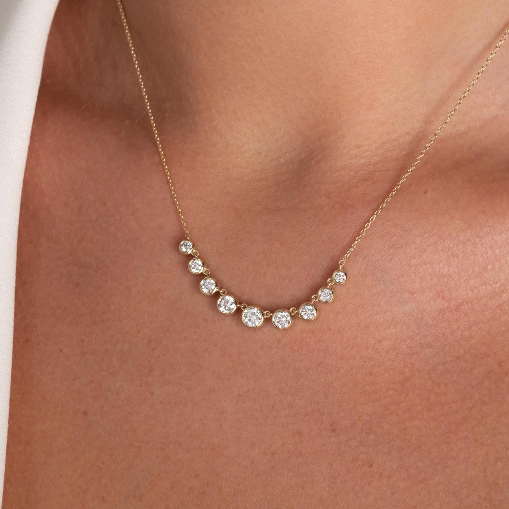 1.3 CT Diamond Station Necklace: 14k Gold Bezel Set Layering Necklace