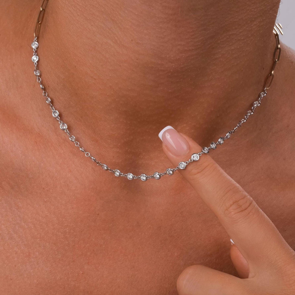 2 CT Diamond Station Necklace / 14k Gold Paperclip Diamond By the Yard Necklace