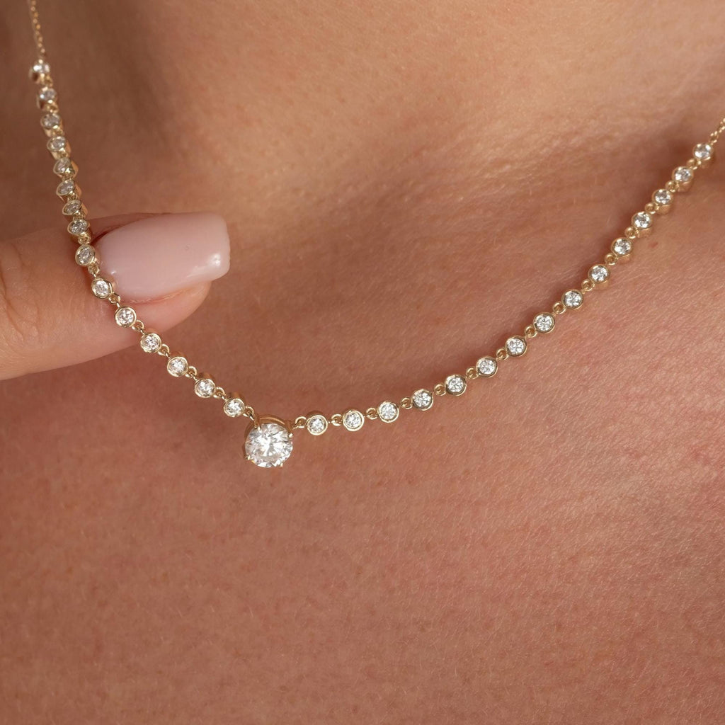 1.1 CT Diamond Station Segment Necklace / Oval, Round, Heart, Cushion and Emerald cut Center Stone Options Diamond On Chain Prong Set