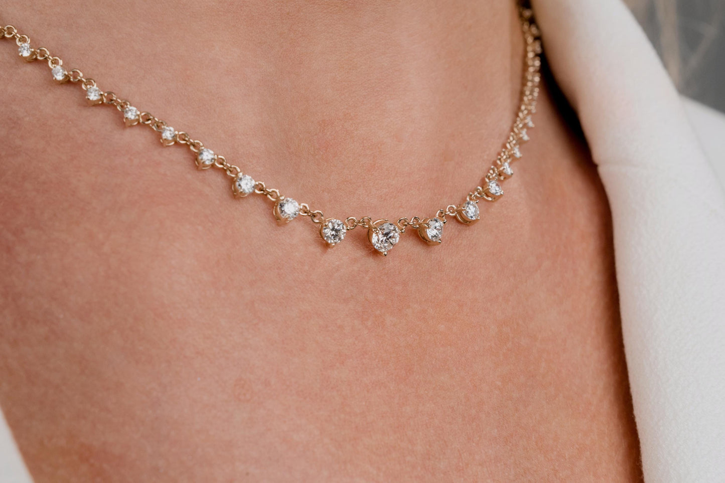 2 CT Graduated Diamond Station Necklace / 3 Prong Halfway Segment Necklace / Natural N