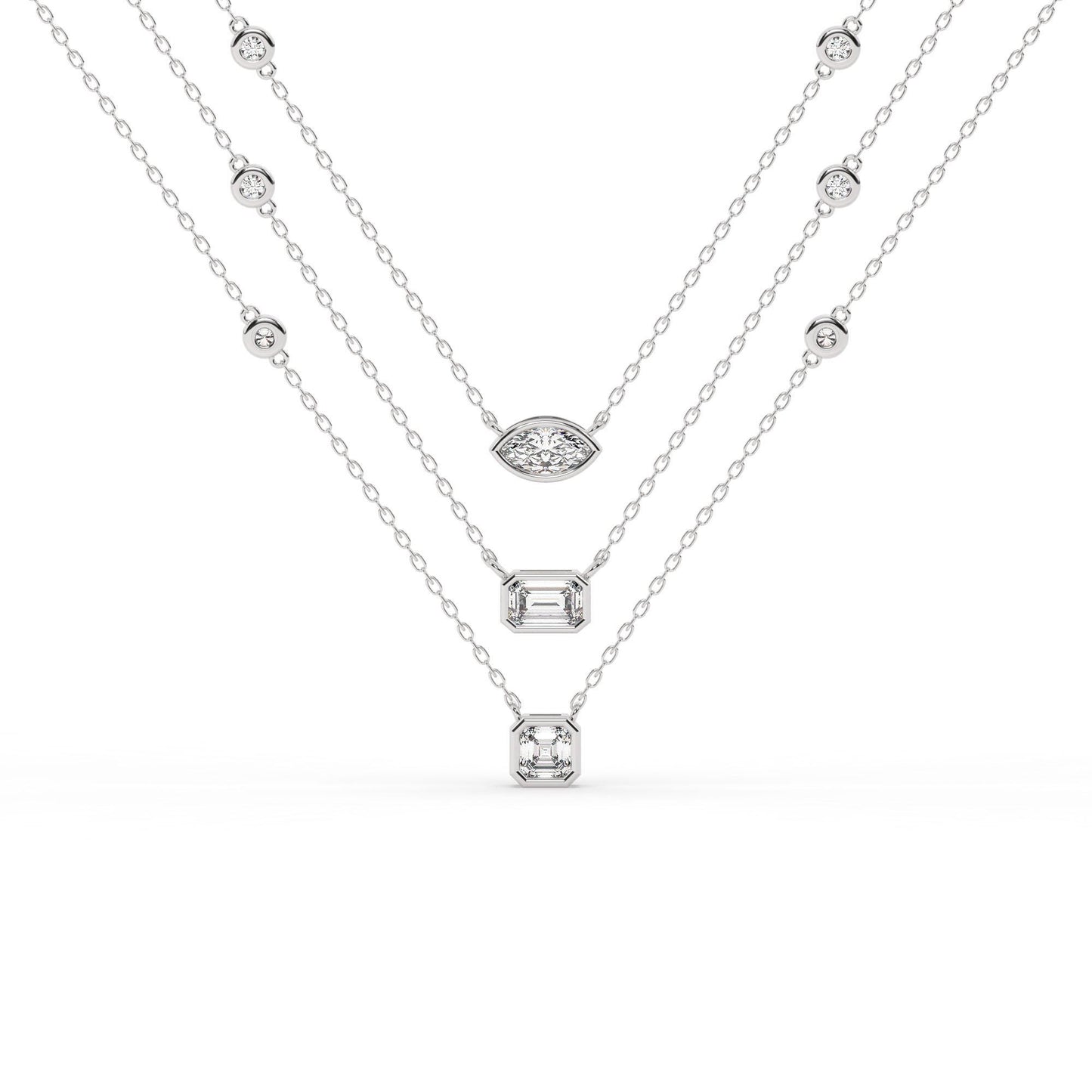 14k Gold Diamond Station Necklace / Bezel Set Diamond By the Yard Necklace / 7 Shape Lab and Natural Diamond Center Stone Option