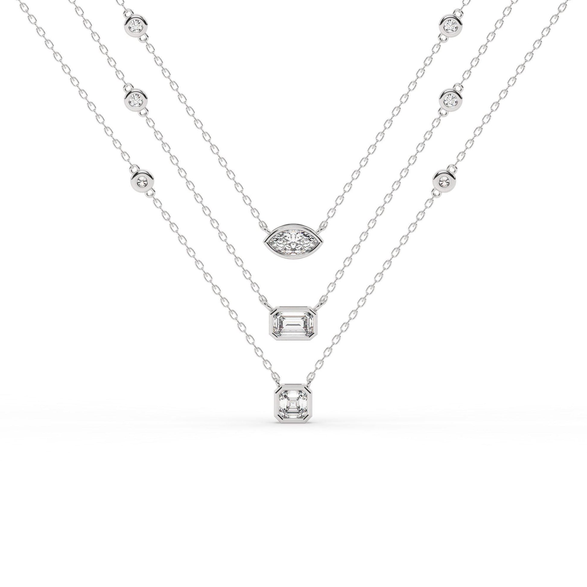 14k Gold Diamond Station Necklace / Bezel Set Diamond By the Yard Necklace / 7 Shape Lab and Natural Diamond Center Stone Option