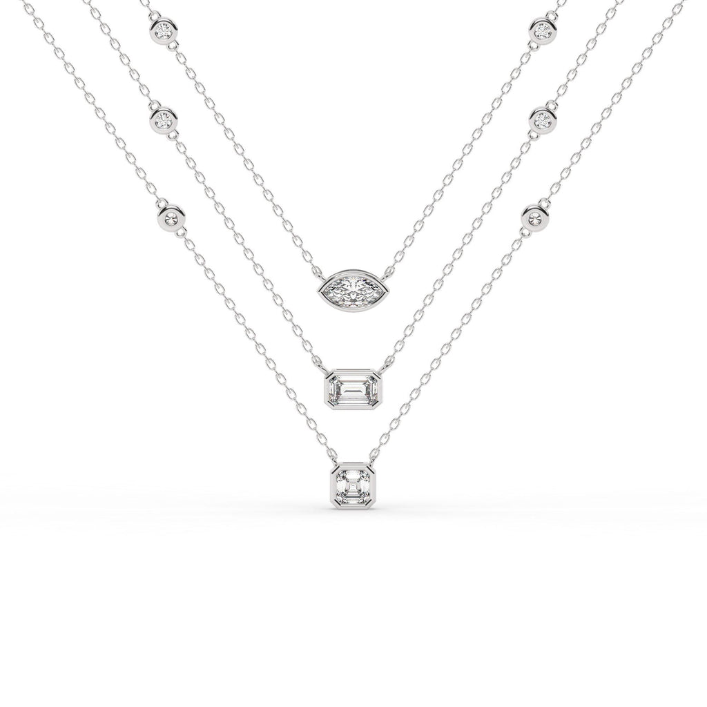 14k Gold Diamond Station Necklace / Bezel Set Diamond By the Yard Necklace / 7 Shape Lab and Natural Diamond Center Stone Option