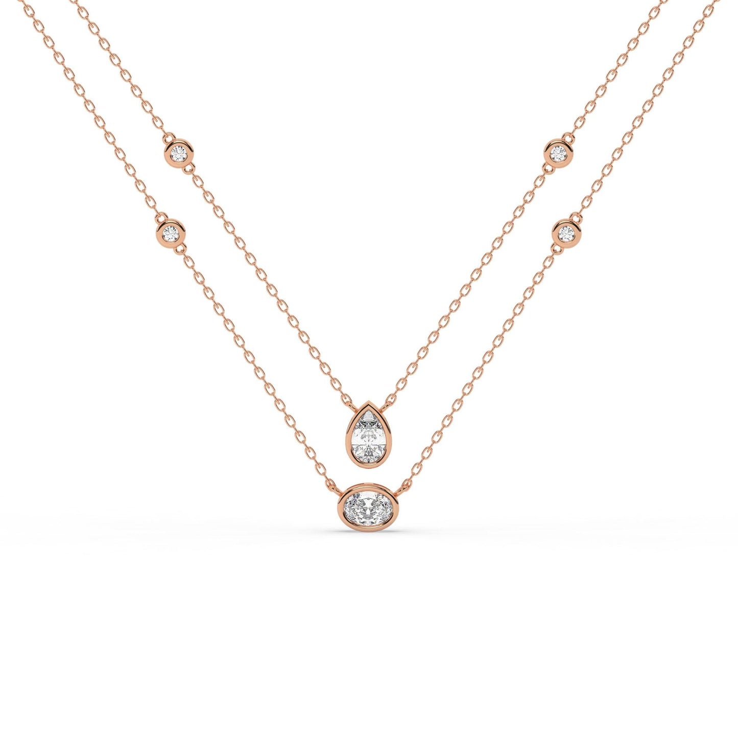 14k Gold Diamond Station Necklace / Bezel Set Diamond By the Yard Necklace / 7 Shape Lab and Natural Diamond Center Stone Option