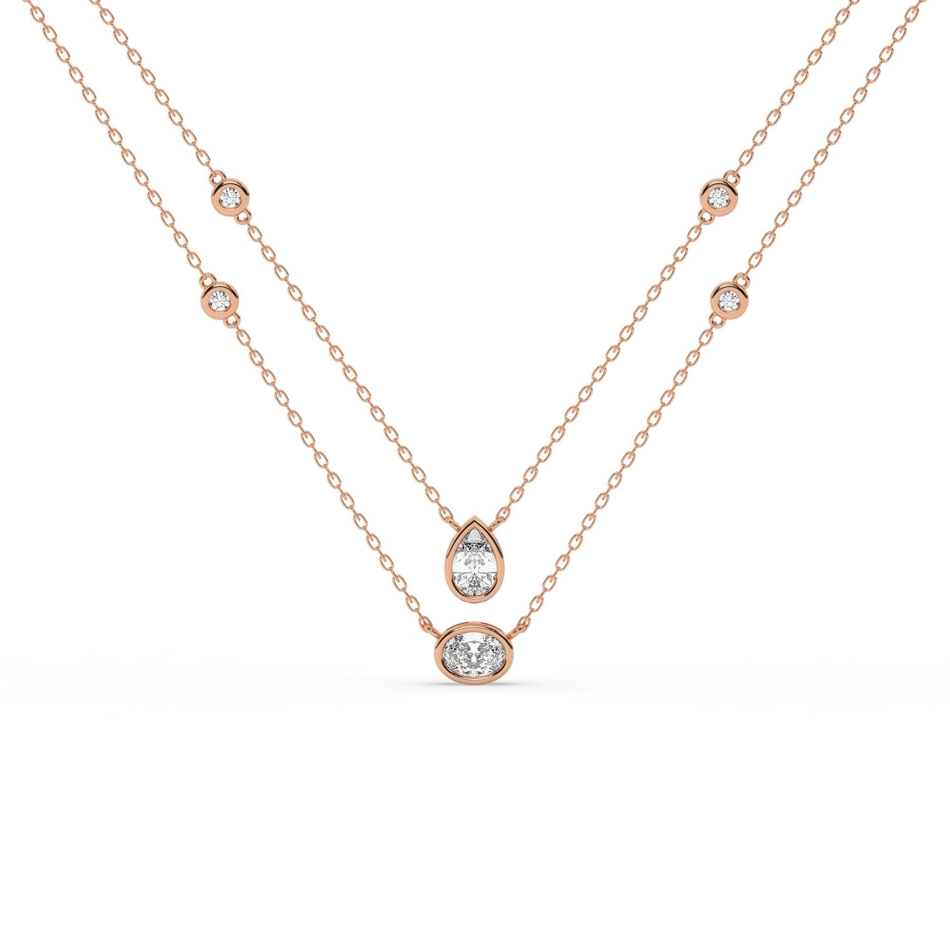 14k Gold Diamond Station Necklace / Bezel Set Diamond By the Yard Necklace / 7 Shape Lab and Natural Diamond Center Stone Option