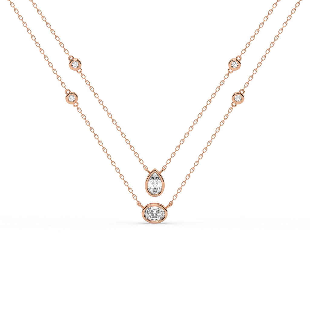 14k Gold Diamond Station Necklace / Bezel Set Diamond By the Yard Necklace / 7 Shape Lab and Natural Diamond Center Stone Option