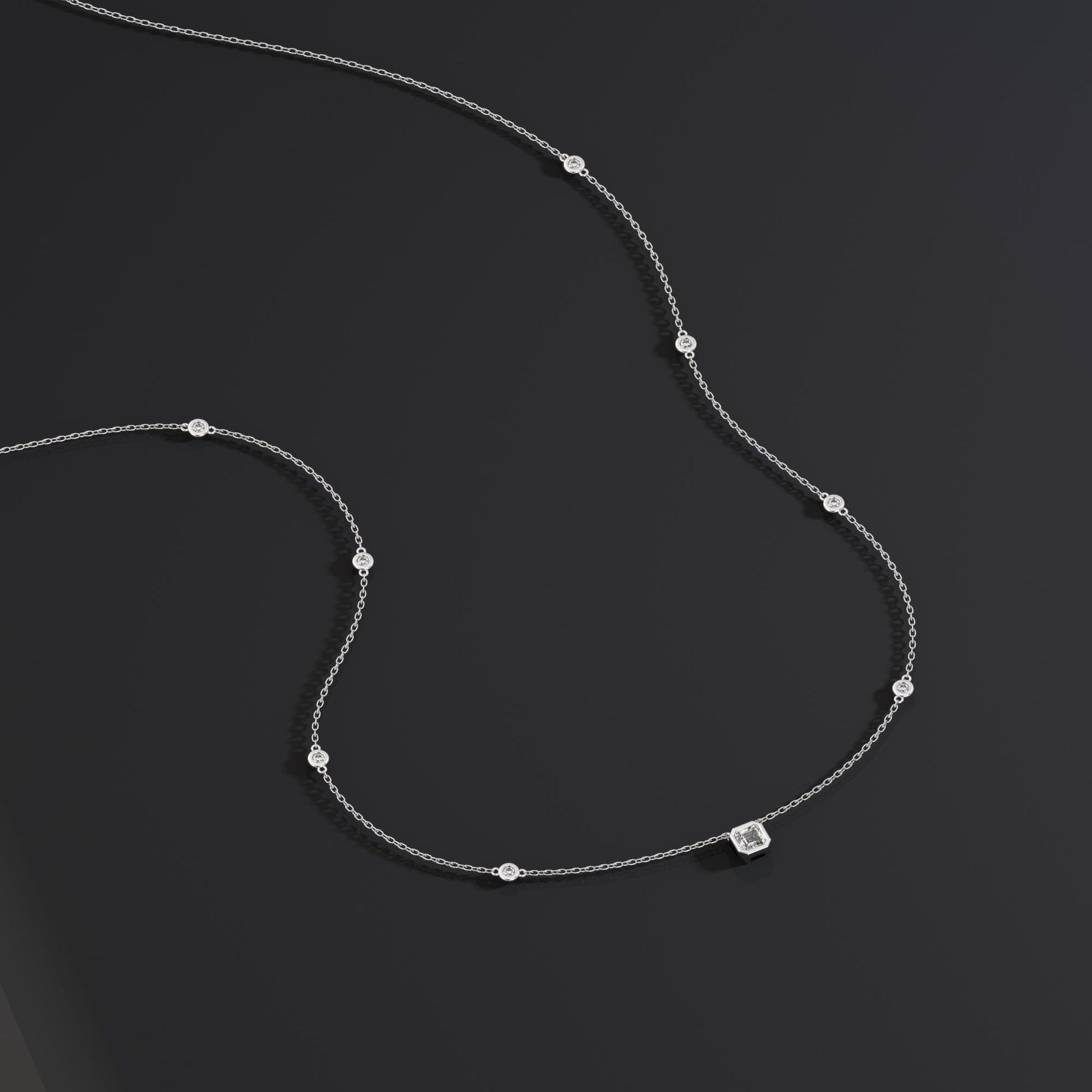 14k Gold Diamond Station Necklace / Bezel Set Diamond By the Yard Necklace / 7 Shape Lab and Natural Diamond Center Stone Option