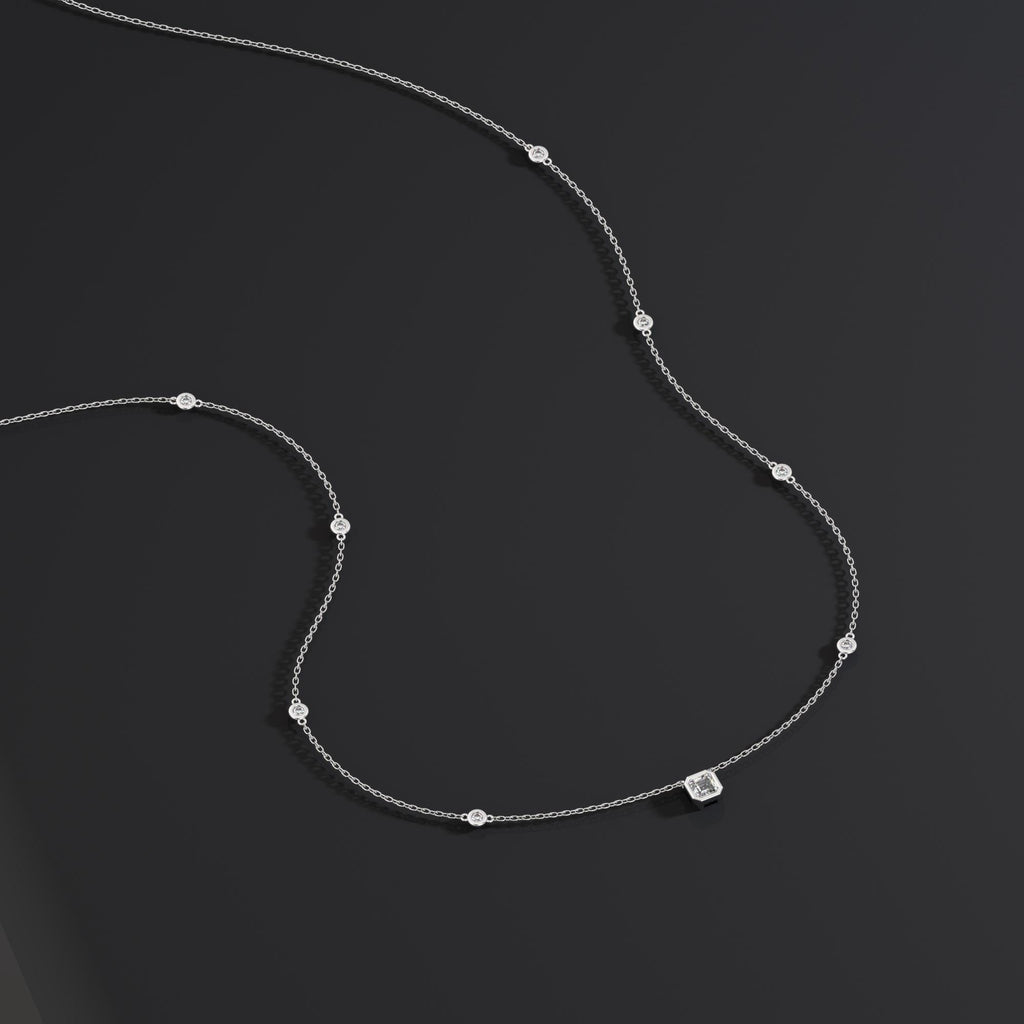 14k Gold Diamond Station Necklace / Bezel Set Diamond By the Yard Necklace / 7 Shape Lab and Natural Diamond Center Stone Option