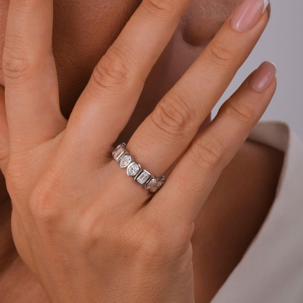Alternating Bezel Set Emerald, Oval, Pear Shape Diamond Eternity Wedding Band / 3.3 CT Diamond Eternity Ring / Natural & Lab Diamond options