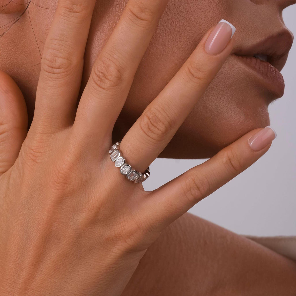 Alternating Bezel Set Emerald, Oval, Pear Shape Diamond Eternity Wedding Band / 3.3 CT Diamond Eternity Ring / Natural & Lab Diamond options