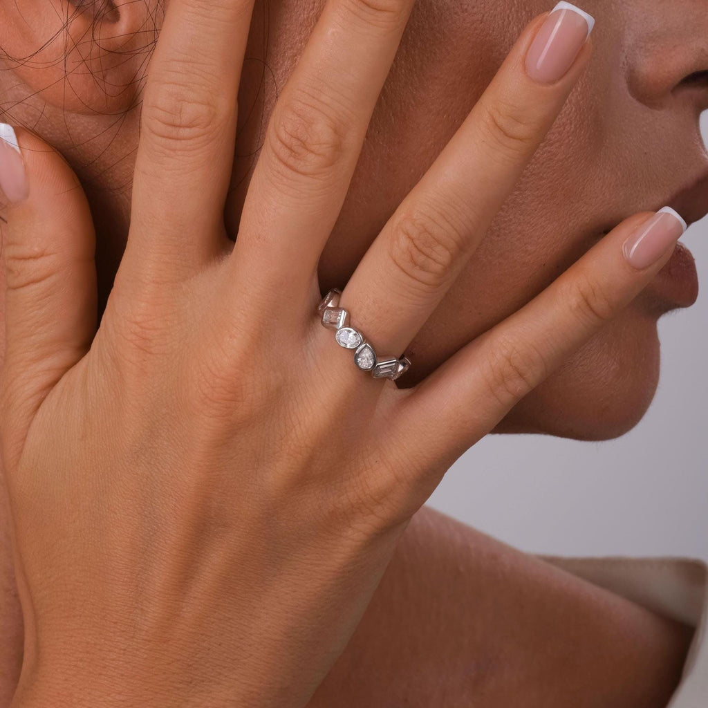 2.6 CT Diamond Eternity Ring / Alternating Bezel Set Emerald, Oval, Pear Shape Diamond Wedding Band / Natural & Lab Diamond options