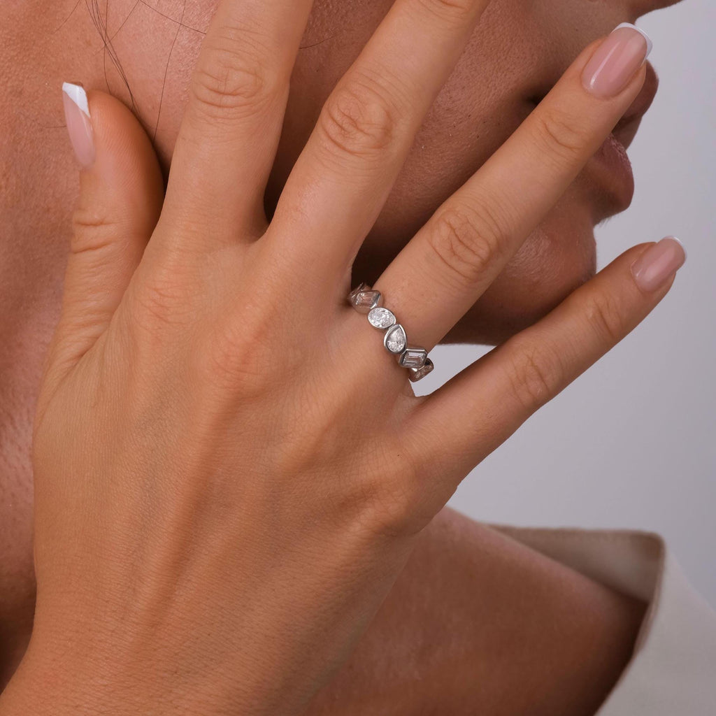 2.6 CT Diamond Eternity Ring / Alternating Bezel Set Emerald, Oval, Pear Shape Diamond Wedding Band / Natural & Lab Diamond options