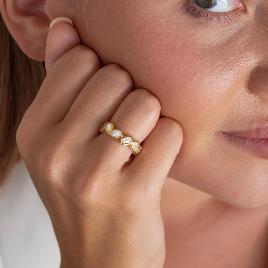 2.6 CT Diamond Eternity Ring / Alternating Bezel Set Emerald, Oval, Pear Shape Diamond Wedding Band / Natural & Lab Diamond options