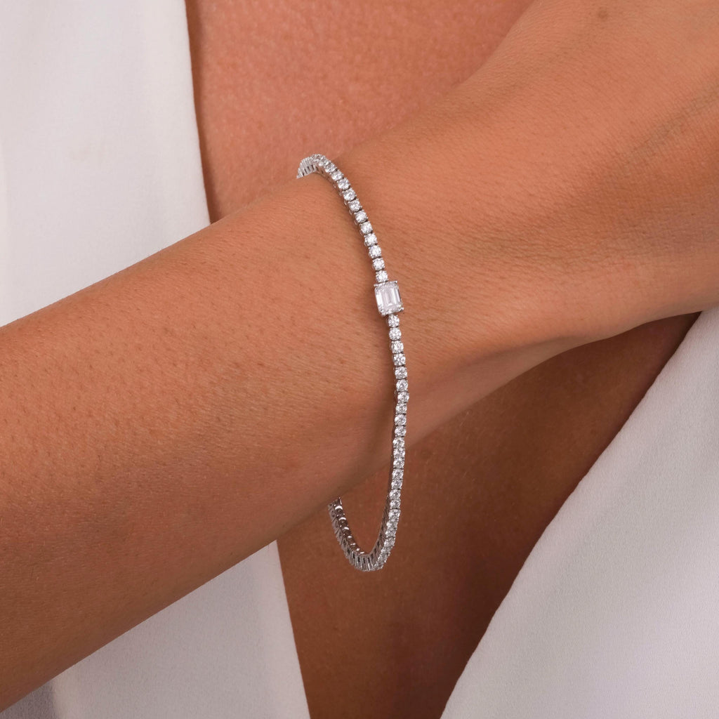 Tennis Bracelet with Large Center Stone | 5 Unique Stone Shapes | 14k Gold, Natural or Lab Diamond | Custom Luxury Gift