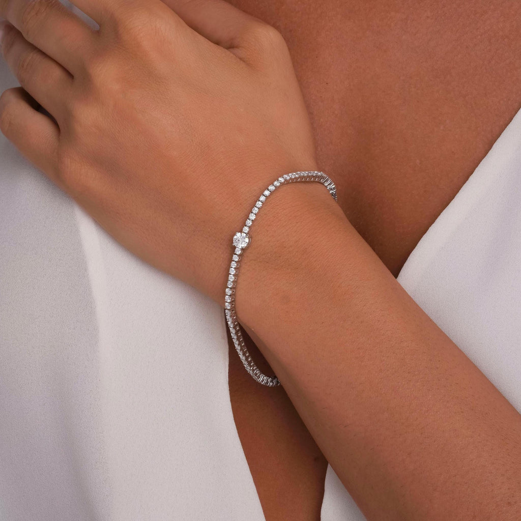 Tennis Bracelet with Large Center Stone | 5 Unique Stone Shapes | 14k Gold, Natural or Lab Diamond | Custom Luxury Gift