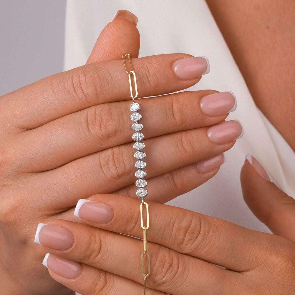 Diamond Paperclip Bracelet / 14k Gold Bezel Setting Oval Shape Diamond Bracelet / Dainty and Elegant Diamond Bracelet