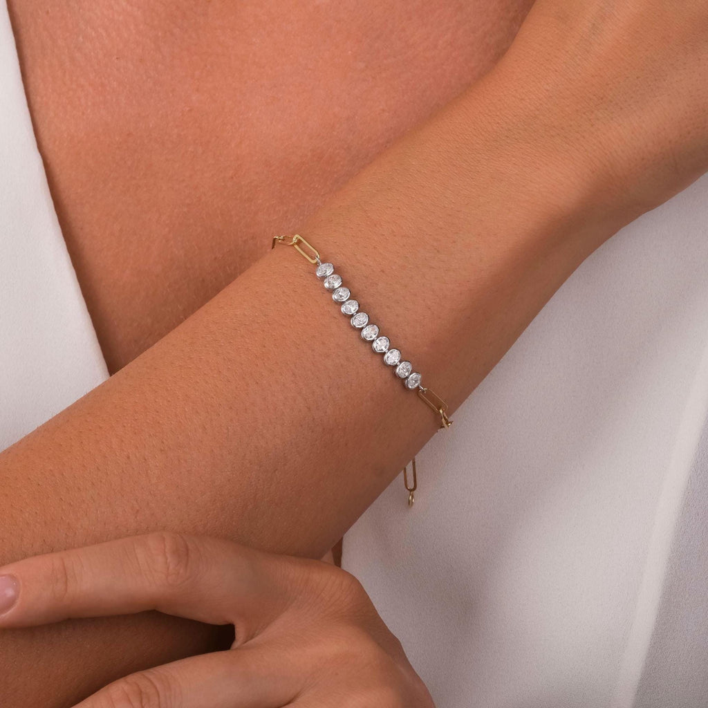 Diamond Paperclip Bracelet / 14k Gold Bezel Setting Oval Shape Diamond Bracelet / Dainty and Elegant Diamond Bracelet