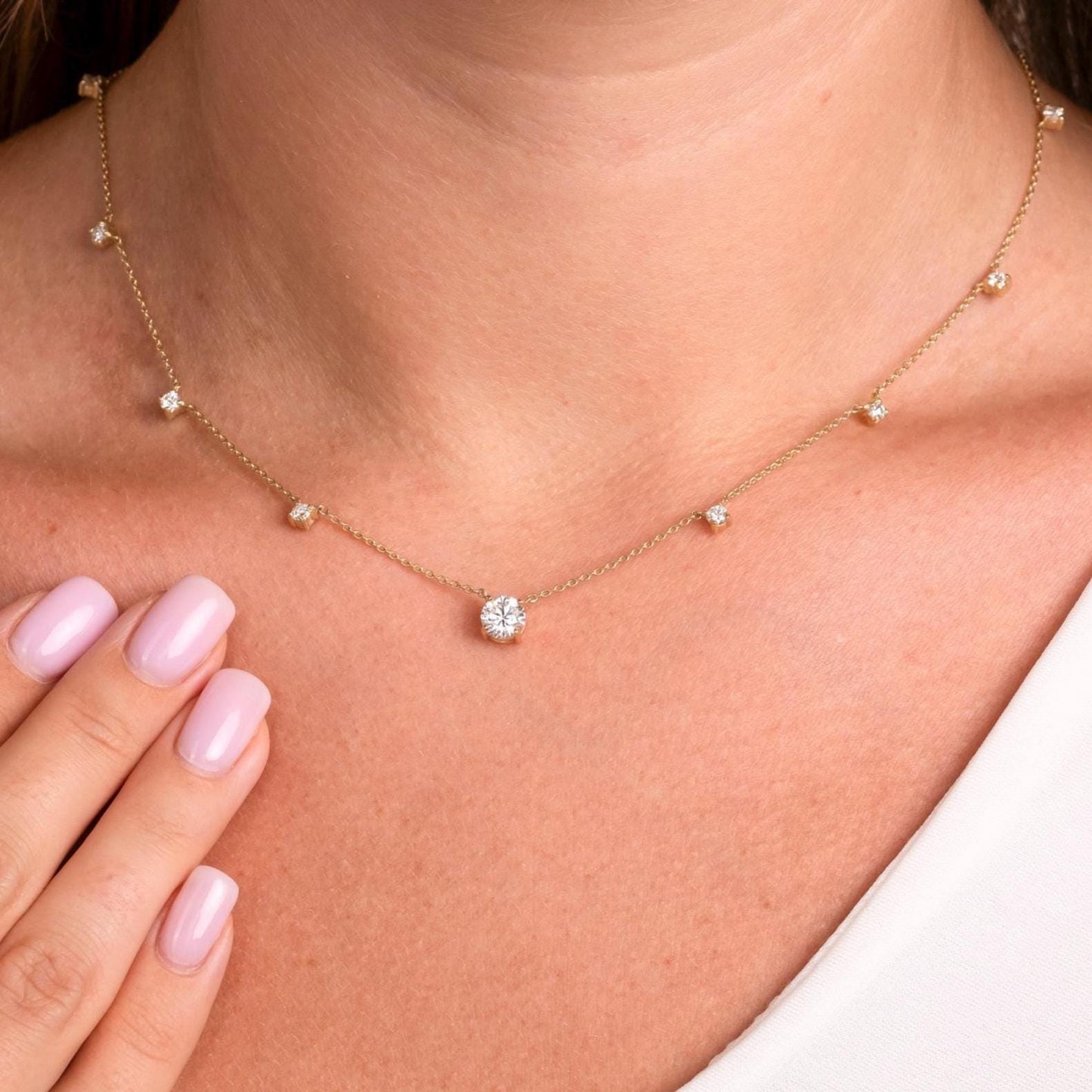Modern Station Necklace with Statement Center | 14k Gold | Everyday Diamond Necklace | Gift for Wife or Girlfriend / Holiday jewelry gift