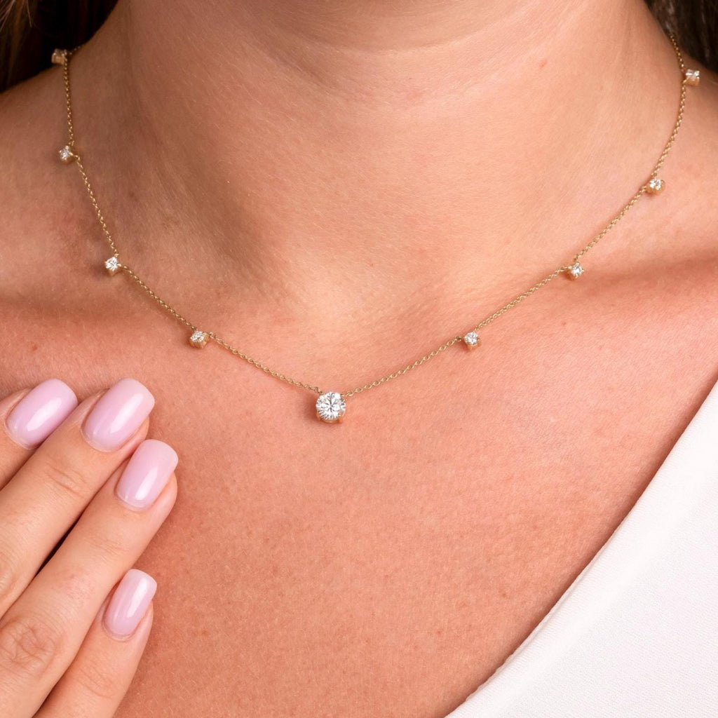 Modern Station Necklace with Statement Center | 14k Gold | Everyday Diamond Necklace | Gift for Wife or Girlfriend / Holiday jewelry gift