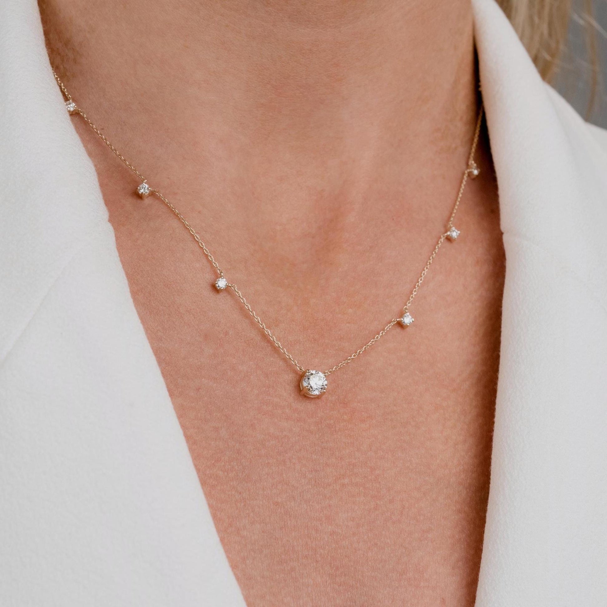 Modern Station Necklace with Statement Center | 14k Gold | Everyday Diamond Necklace | Gift for Wife or Girlfriend / Holiday jewelry gift