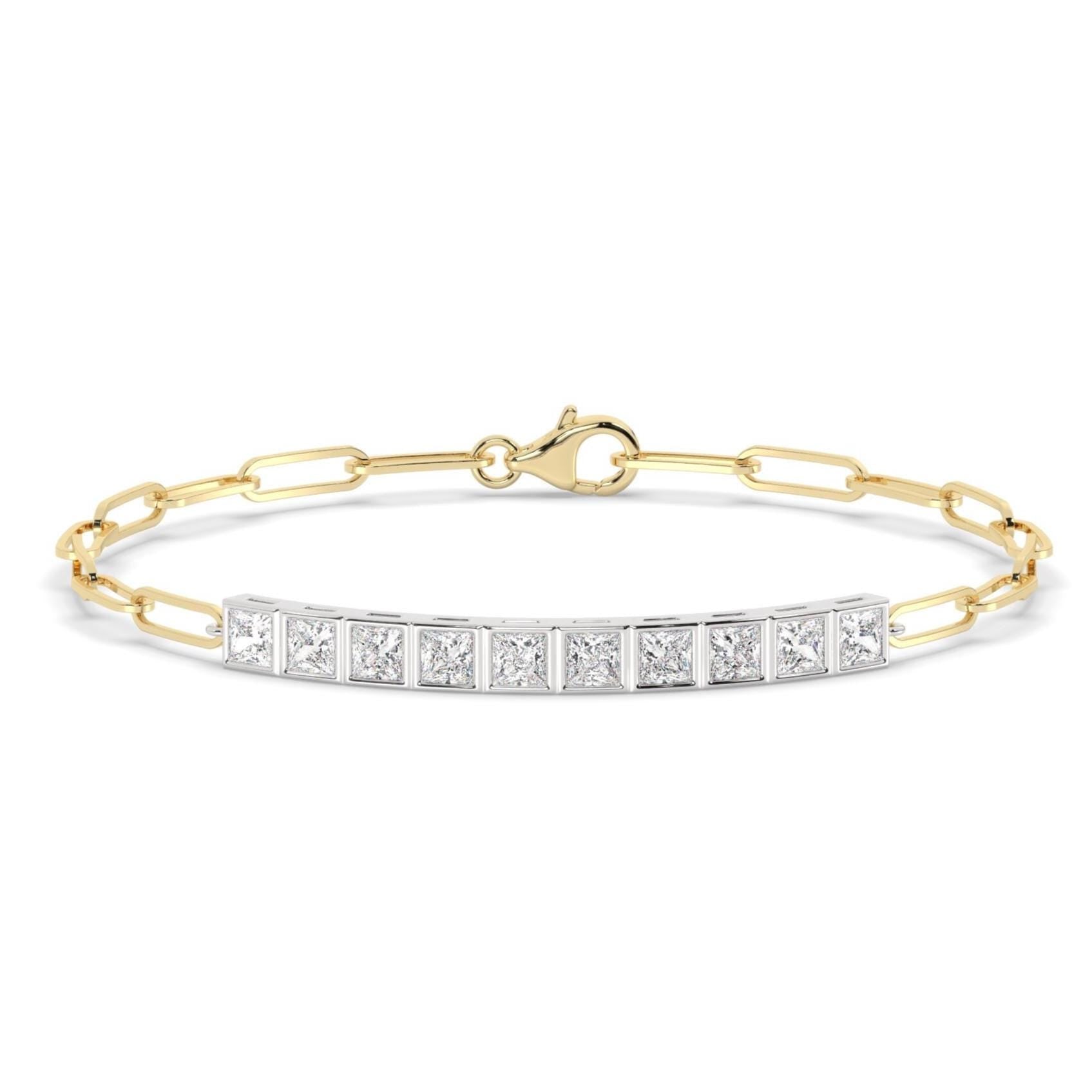 Diamond Paperclip Bracelet / 14k Gold Bezel Setting Princess Cut Bracelet / Dainty and Elegant Diamond Bracelet