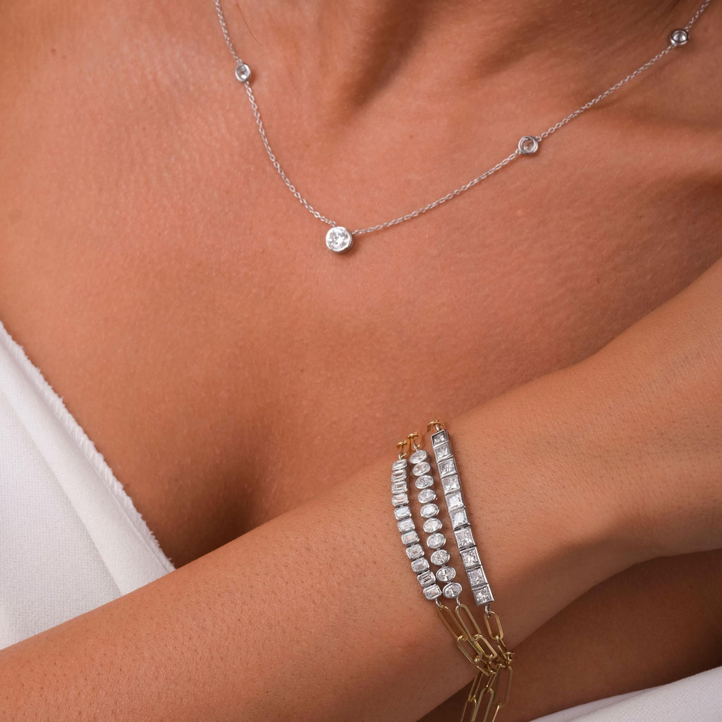 Diamond Paperclip Bracelet / 14k Gold Bezel Setting Princess Cut Bracelet / Dainty and Elegant Diamond Bracelet