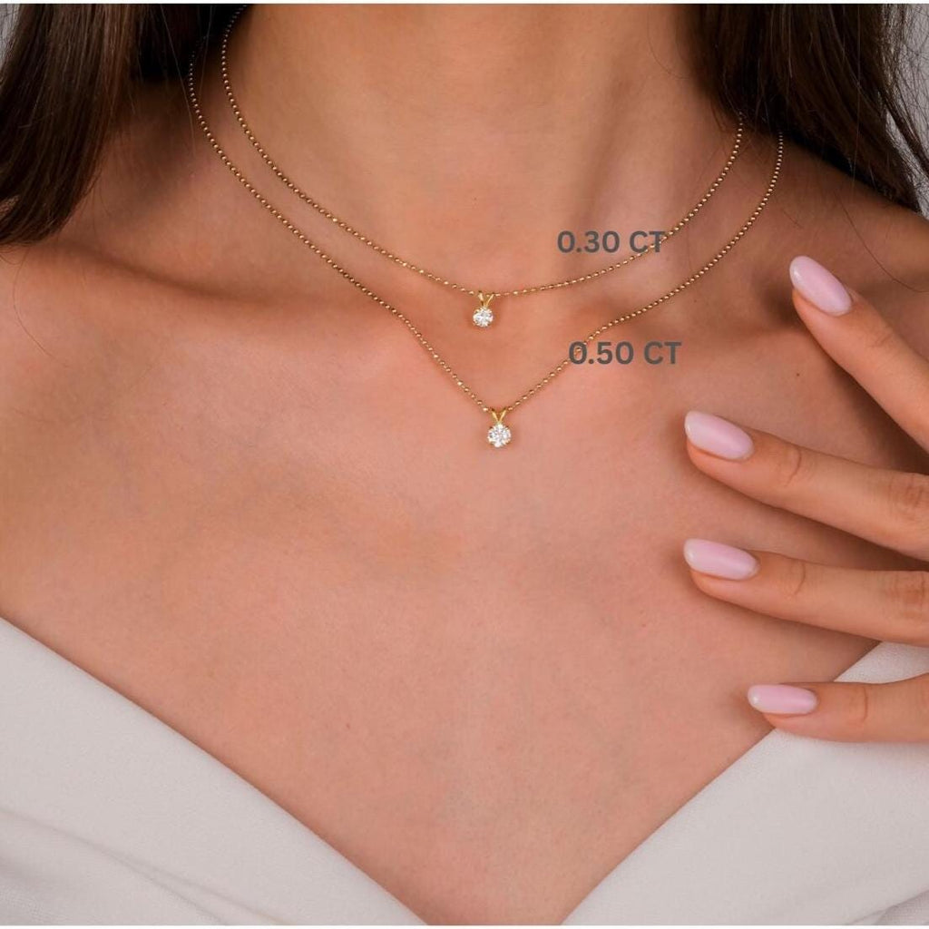 14k Gold Ball Chain Solitaire Necklace | Round Brilliant Cut Natural or Lab Diamond | Everyday Gift Jewelry I 0.30 CT to 1 CT size Options