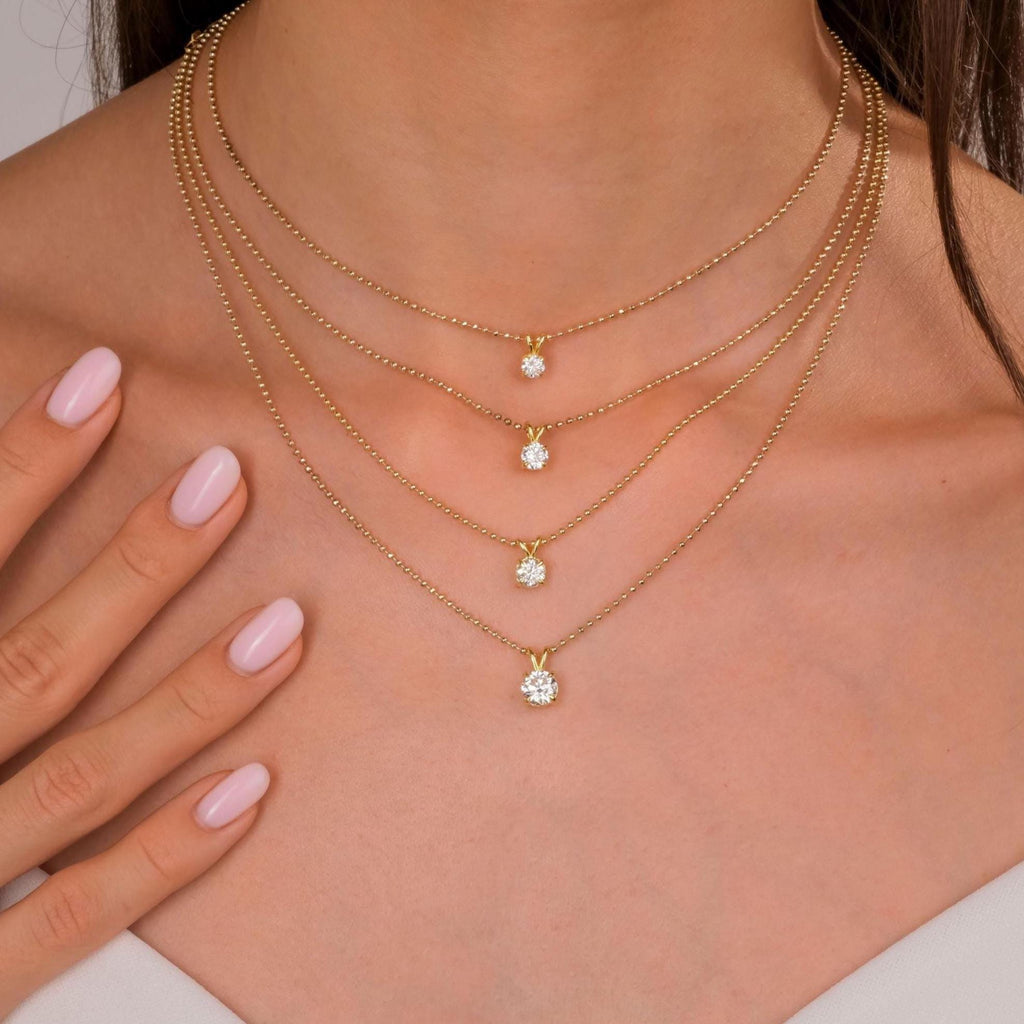 14k Gold Ball Chain Solitaire Necklace | Round Brilliant Cut Natural or Lab Diamond | Everyday Gift Jewelry I 0.30 CT to 1 CT size Options
