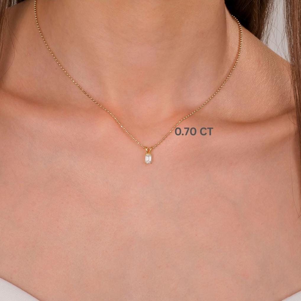 14k Gold Ball Chain Emerald Cut Solitaire Necklace | Natural or Lab Diamond | Everyday Gift Jewelry I 0.30 CT to 1 CT size Options