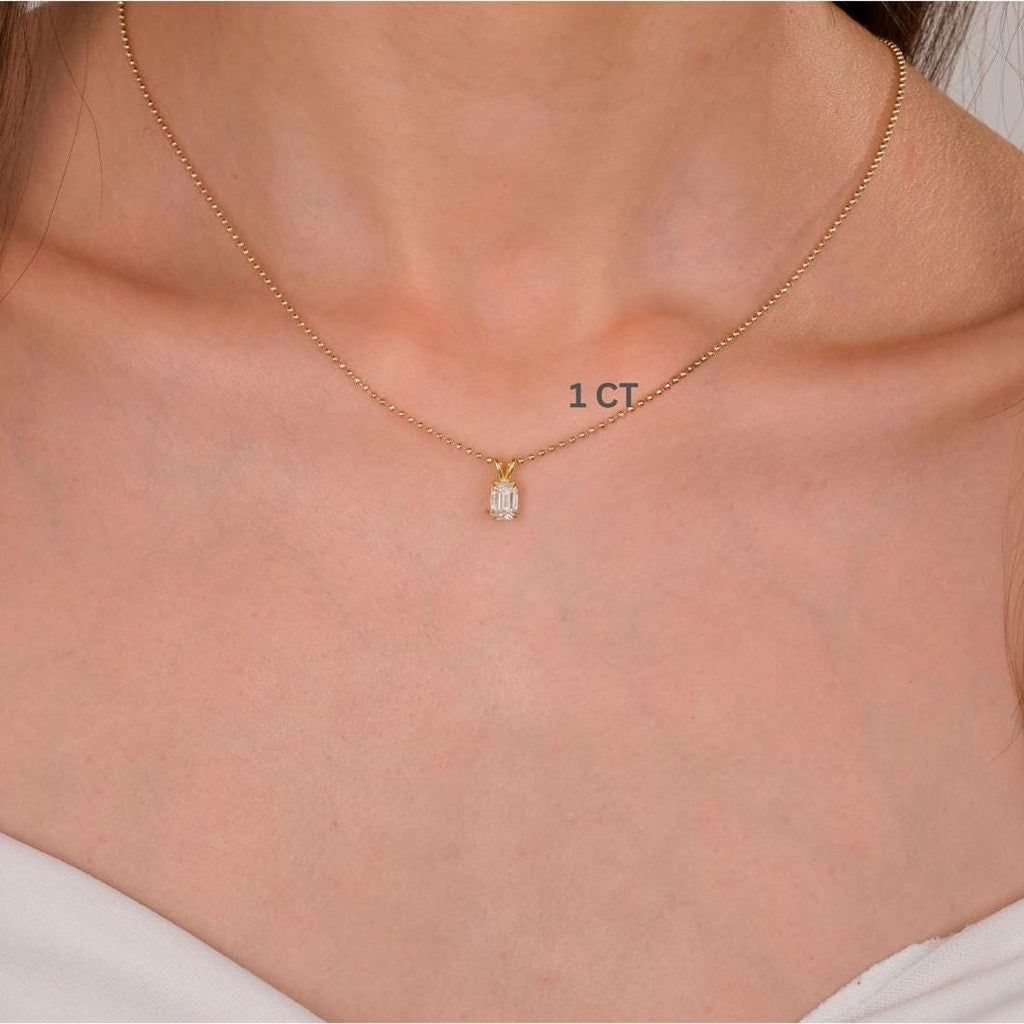 14k Gold Ball Chain Emerald Cut Solitaire Necklace | Natural or Lab Diamond | Everyday Gift Jewelry I 0.30 CT to 1 CT size Options