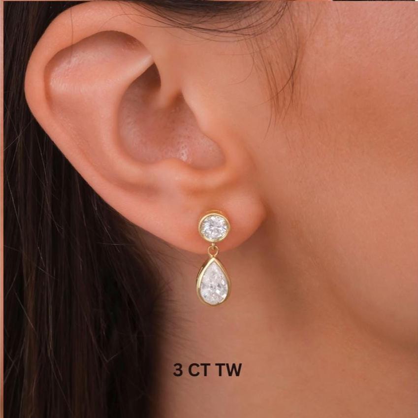 Round and Pear Shape Bezel Set Diamond Dangling Earrings / 14k Gold Diamond Earrings / IGI Certified Lab Diamond Earrings