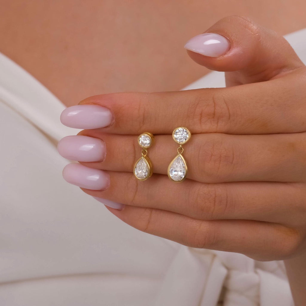 Round and Pear Shape Bezel Set Diamond Dangling Earrings / 14k Gold Diamond Earrings / IGI Certified Lab Diamond Earrings