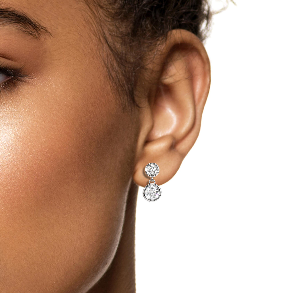 Round Shape Bezel Set Diamond Dangling Earrings / 14k Gold and Diamond Drop Earrings / IGI Certified Lab Diamond Earrings