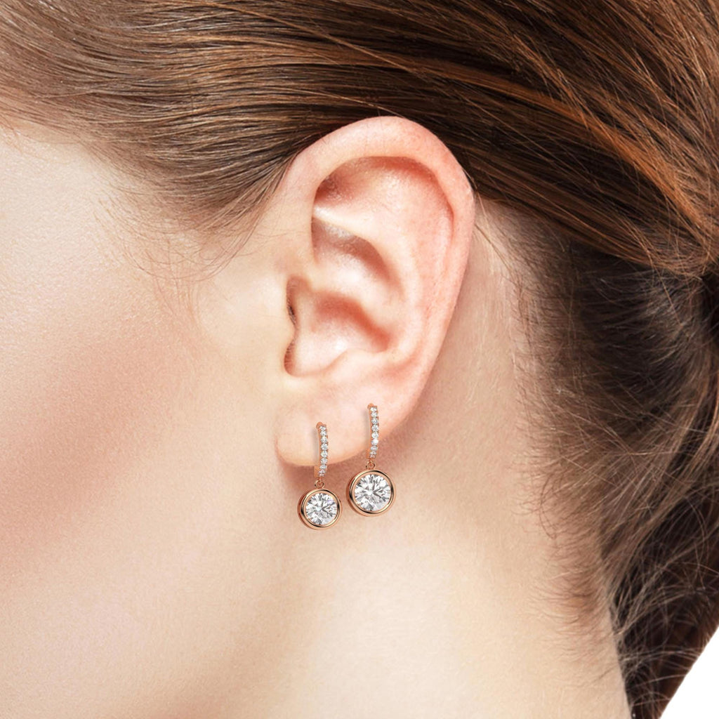 Round Brilliant Cut Bezel Diamond Dangling Earrings / 14k Gold Diamond Earrings / Anniversary Gift / Birthday Gift / Lab and Natural Diamond