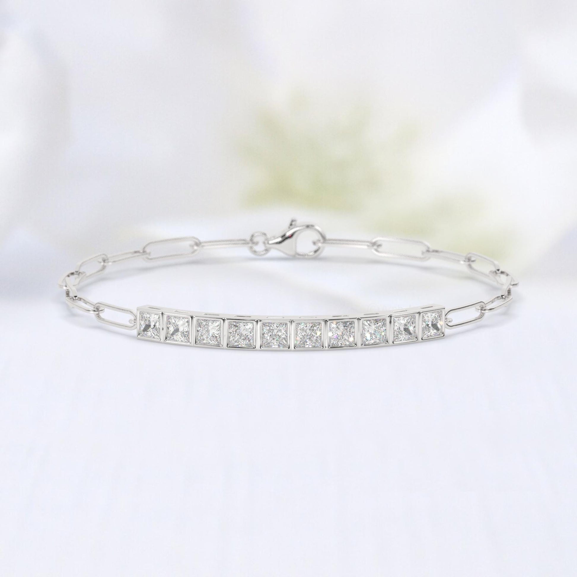Diamond Paperclip Bracelet / 14k Gold Bezel Setting Princess Cut Bracelet / Dainty and Elegant Diamond Bracelet