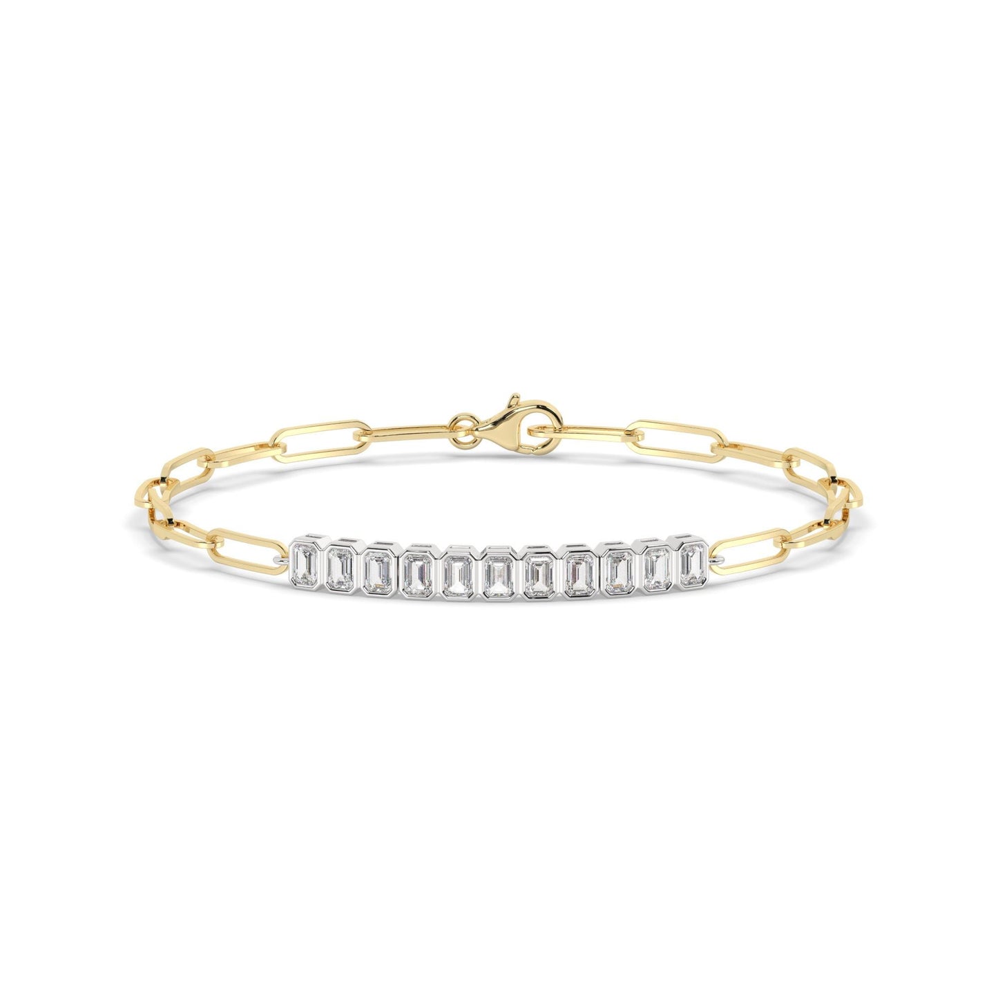 Diamond Paperclip Bracelet / 14k Gold Bezel Setting Emerald Cut Bracelet / Dainty and Elegant Diamond Bracelet
