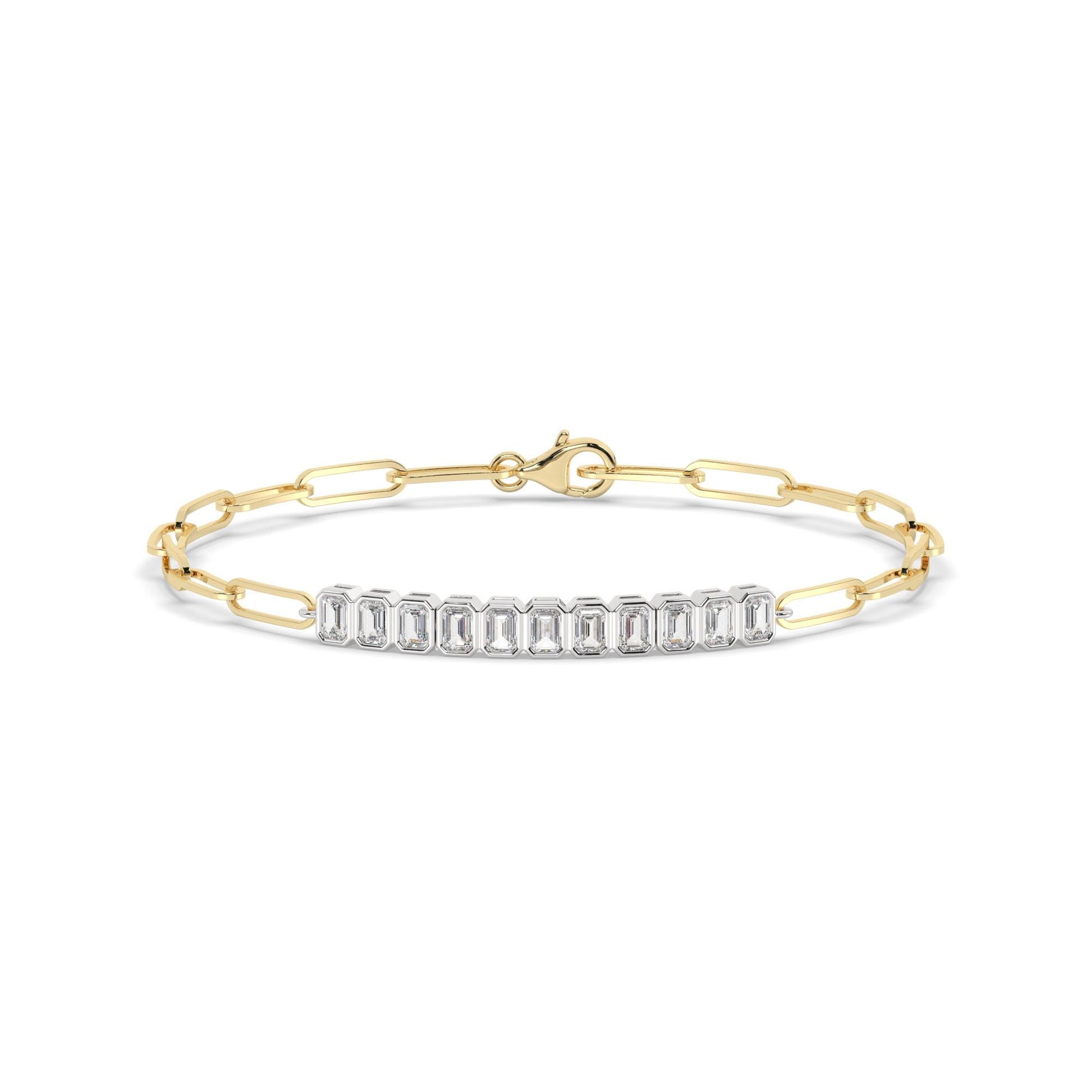Diamond Paperclip Bracelet / 14k Gold Bezel Setting Emerald Cut Bracelet / Dainty and Elegant Diamond Bracelet