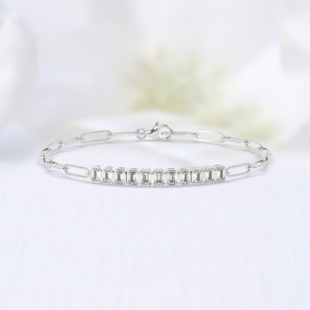 Diamond Paperclip Bracelet / 14k Gold Bezel Setting Emerald Cut Bracelet / Dainty and Elegant Diamond Bracelet