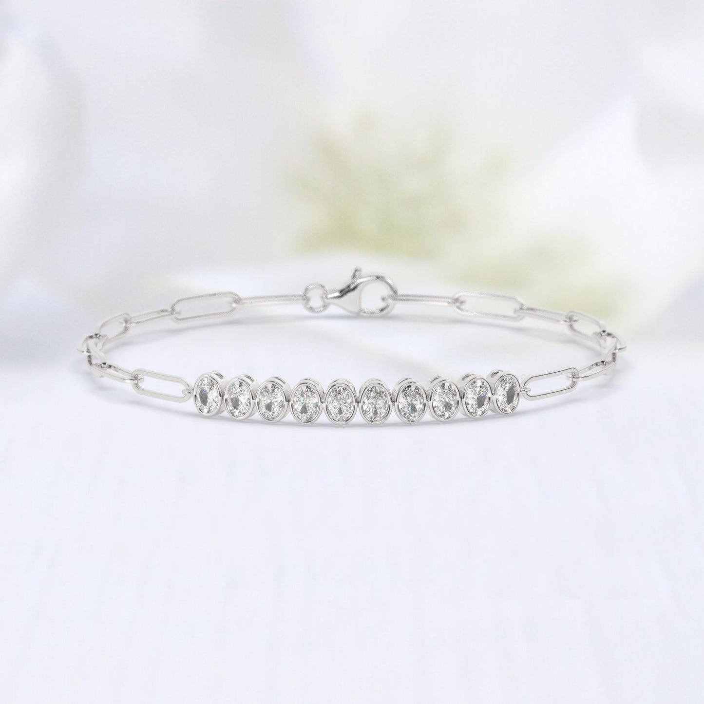 Diamond Paperclip Bracelet / 14k Gold Bezel Setting Oval Shape Diamond Bracelet / Dainty and Elegant Diamond Bracelet
