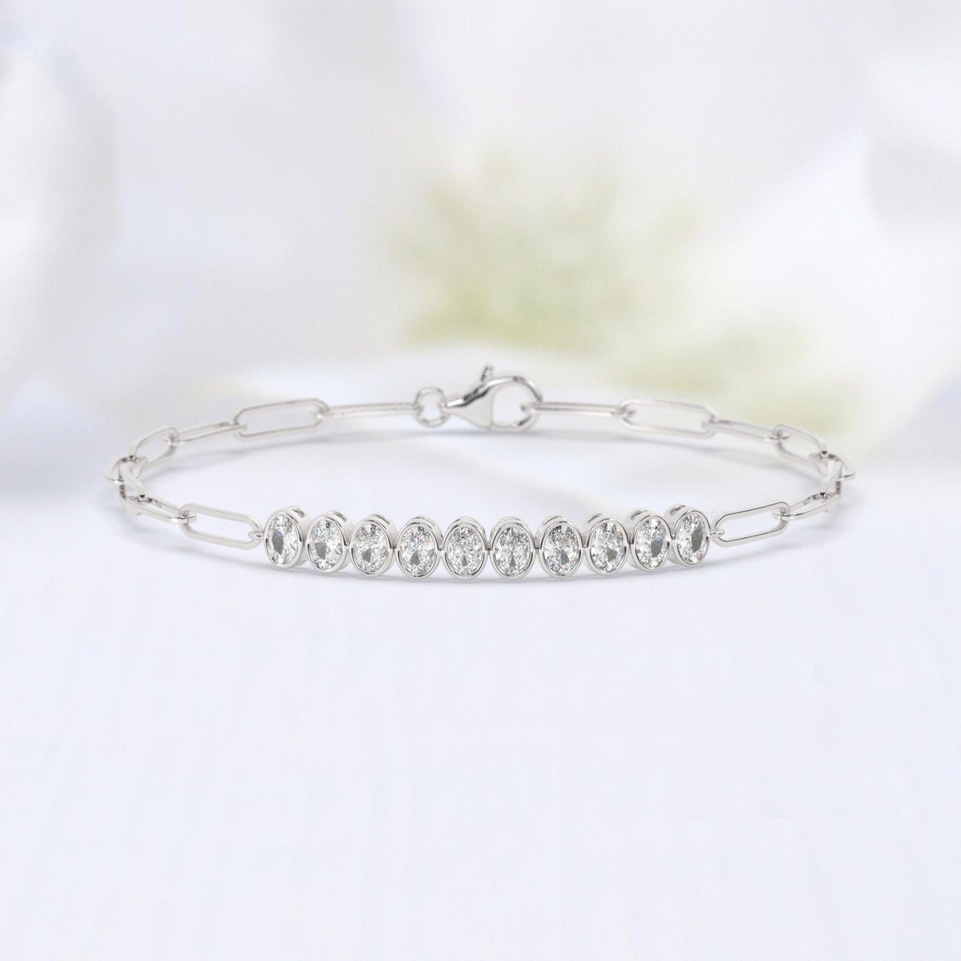 Diamond Paperclip Bracelet / 14k Gold Bezel Setting Oval Shape Diamond Bracelet / Dainty and Elegant Diamond Bracelet